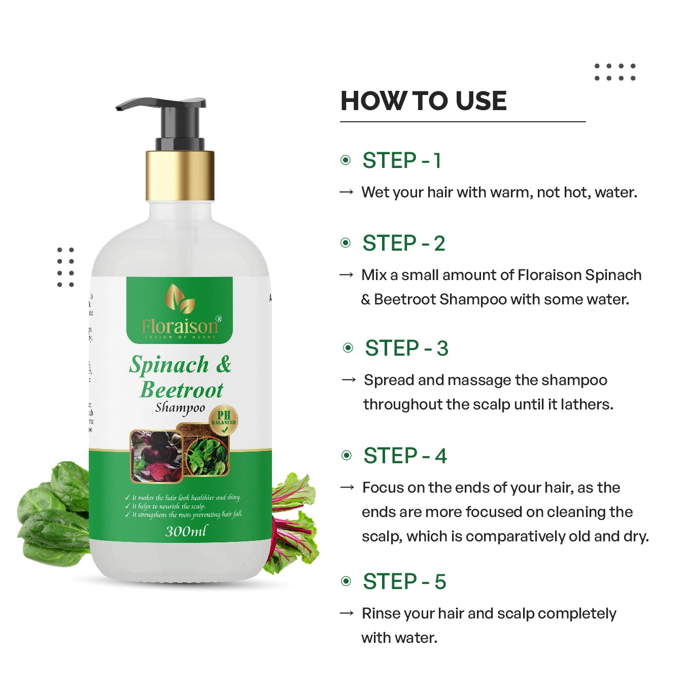 Floraison Spinach & Beetroot Ayurvedic Shampoo 300ML For Dandruff, Frizzy & Damaged Hair