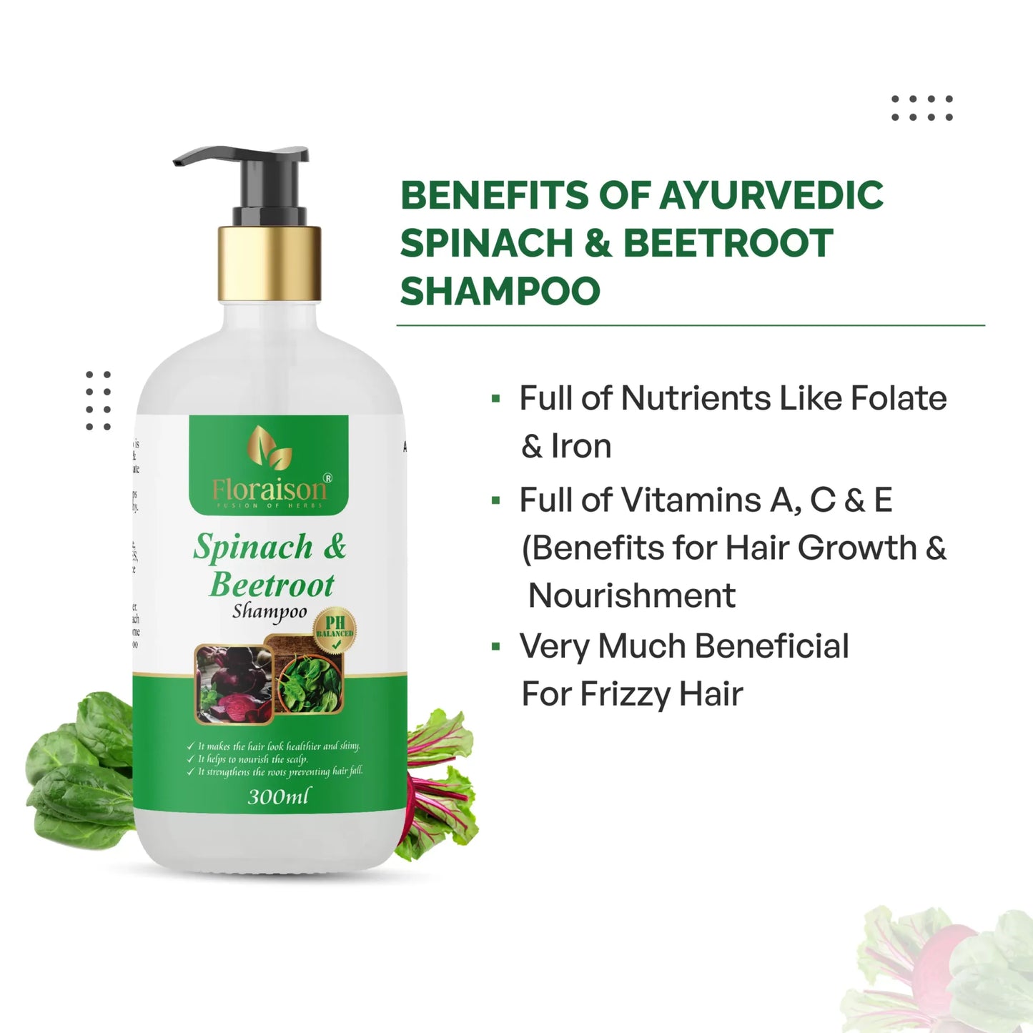 Floraison Spinach & Beetroot Ayurvedic Shampoo 300ML For Dandruff, Frizzy & Damaged Hair