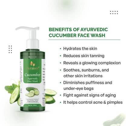 Floraison Ayurvedic Cucumber Face Wash 100ML For Skin Tanning, Anti Aging & Pimples
